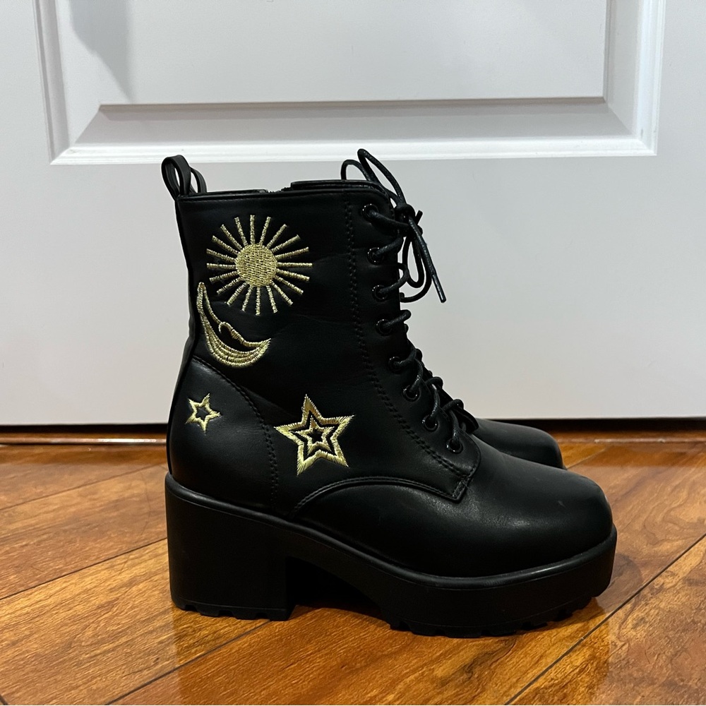 Dollskill Gold Astro Star and Moon Chunky Boots, US 6